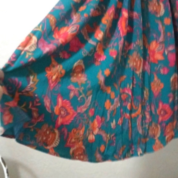 Floral Teal Dress w/ Pink/Orange Accents Rouched Top - Picture 3 of 7